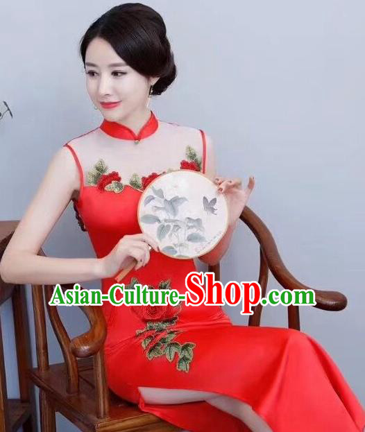 Chinese Traditional Long Qipao Dress Embroidered Red Cheongsam National Costume for Women