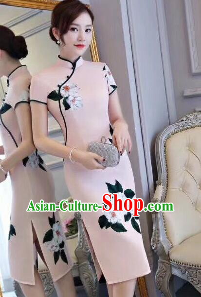 Chinese Traditional Short Qipao Dress Light Pink Cheongsam National Costume for Women