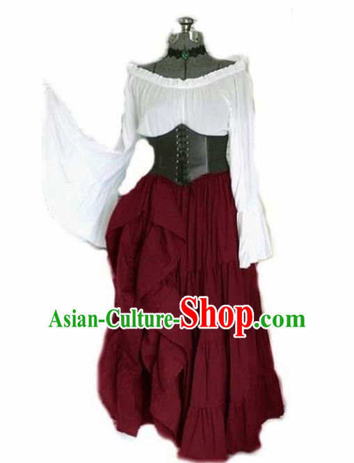 Traditional Europe Middle Ages Renaissance Wine Red Dress Halloween Cosplay Stage Performance Costume for Women