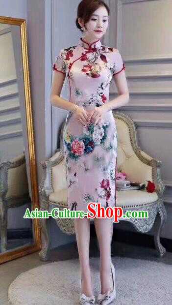 Chinese Traditional Short Qipao Dress Printing Pink Cheongsam National Costume for Women