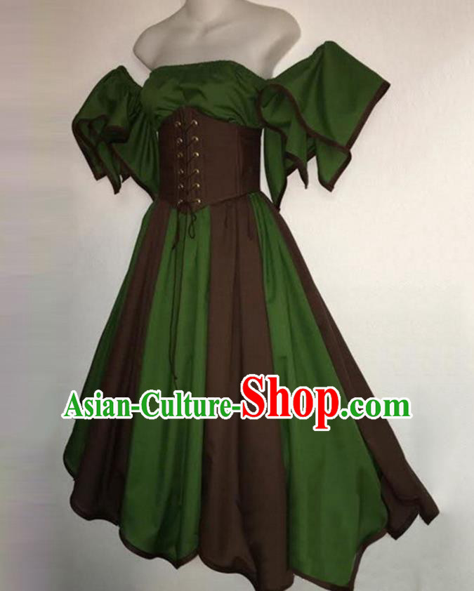 European Medieval Traditional Costume Europe Renaissance Drama Stage Performance Green Dress for Women