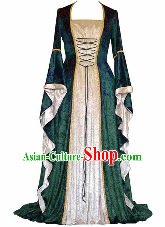 Traditional Europe Middle Ages Countess Green Velvet Dress Halloween Cosplay Stage Performance Costume for Women