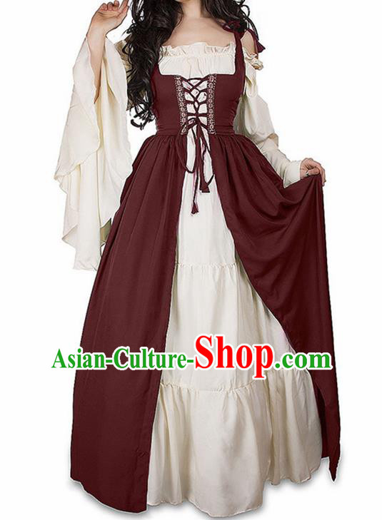 Traditional Europe Middle Ages Farmwife Wine Red Dress Halloween Cosplay Stage Performance Costume for Women