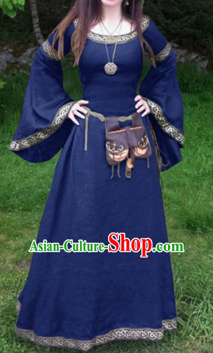 Traditional Europe Middle Ages Civilian Blue Dress Halloween Cosplay Stage Performance Costume for Women