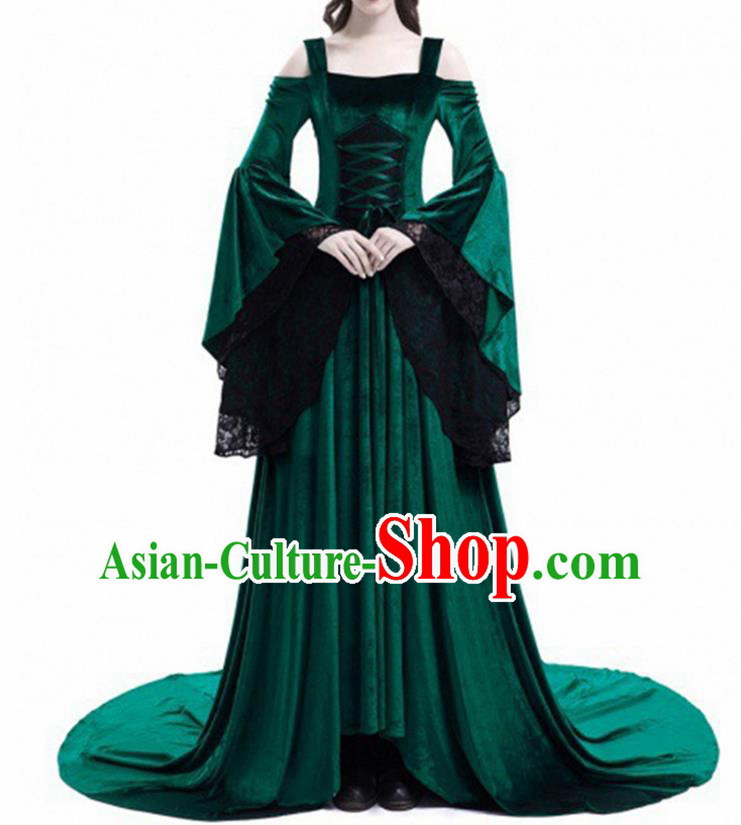 Traditional Europe Middle Ages Court Green Velvet Dress Halloween Cosplay Stage Performance Costume for Women