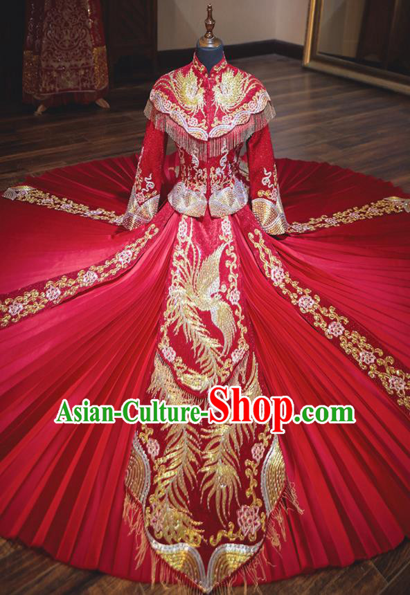 Chinese Traditional Wedding Costumes Ancient Bride Embroidered Red Xiuhe Suit Dress for Women