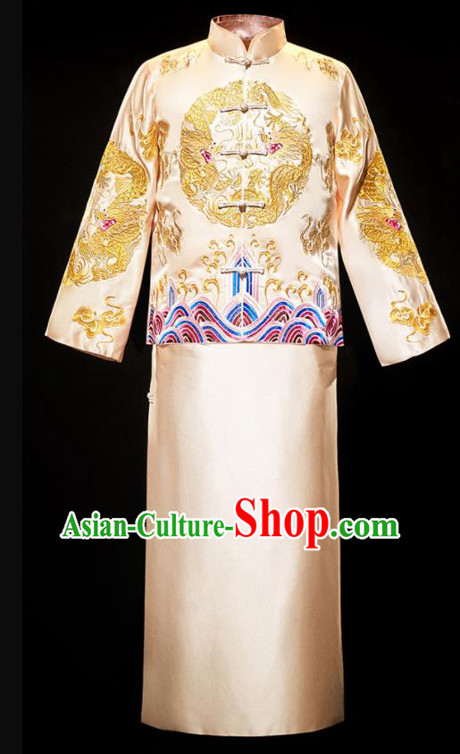 Chinese Traditional Bridegroom Wedding Costumes Tang Suit Golden Mandarin Jacket and Long Gown for Men