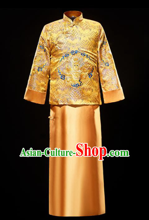 Chinese Traditional Bridegroom Wedding Costumes Tang Suit Embroidered Golden Mandarin Jacket and Long Gown for Men