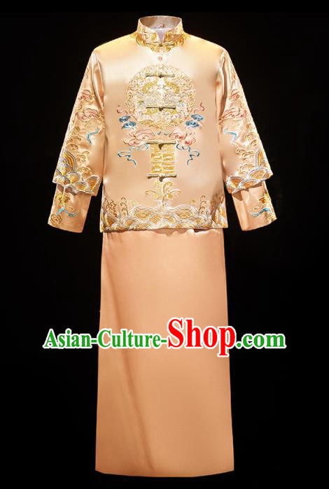 Chinese Traditional Bridegroom Wedding Costumes Tang Suit Embroidered Dragon Golden Mandarin Jacket and Long Gown for Men