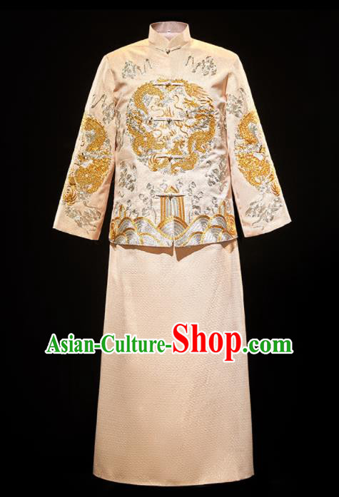 Chinese Traditional Bridegroom Wedding Xiuhe Costumes Tang Suit Embroidered Dragon Golden Mandarin Jacket and Long Gown for Men