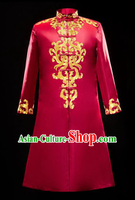 Chinese Traditional Bridegroom Wedding Xiuhe Costumes Tang Suit Embroidered Red Long Mandarin for Men