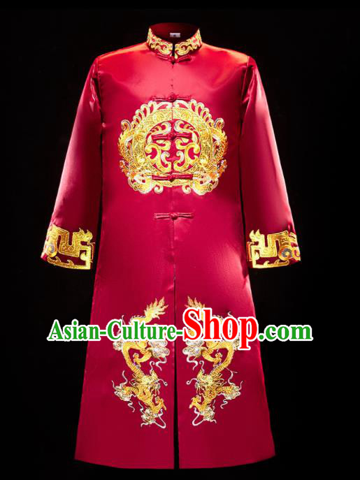 Chinese Traditional Bridegroom Wedding Xiuhe Costumes Tang Suit Embroidered Dragons Red Long Mandarin for Men