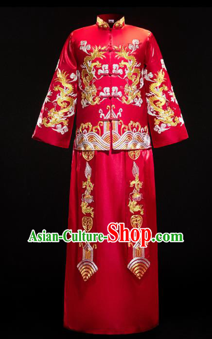 Chinese Traditional Bridegroom Wedding Costumes Tang Suit Red Mandarin Jacket and Long Gown for Men