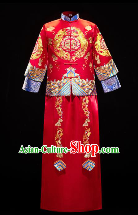 Chinese Traditional Bridegroom Wedding Costumes Tang Suit Xiuhe Suits Red Mandarin Jacket and Long Gown for Men