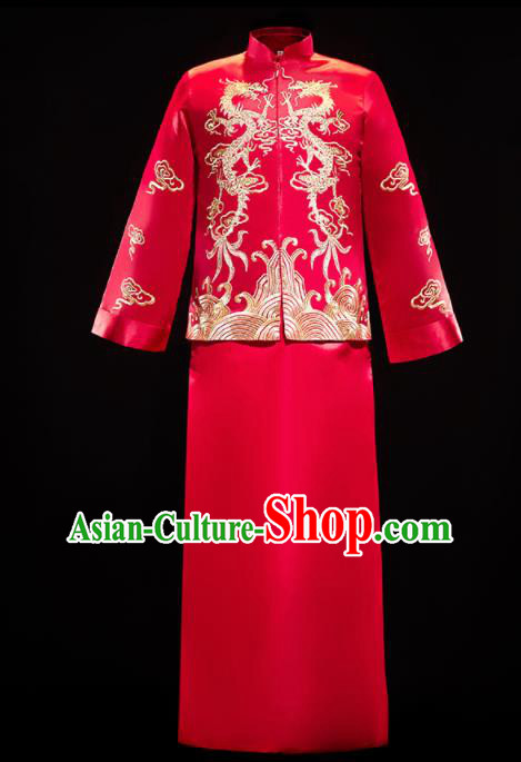 Chinese Traditional Bridegroom Wedding Embroidered Dragon Costumes Tang Suit Xiuhe Suits Red Mandarin Jacket and Long Gown for Men