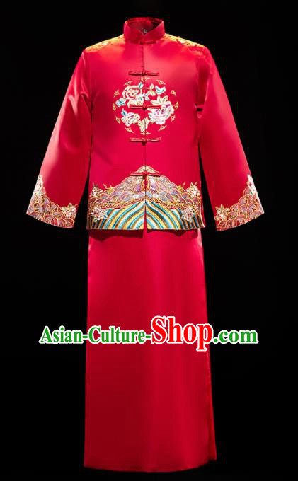 Chinese Traditional Bridegroom Wedding Embroidered Xiuhe Suits Costumes Tang Suit Wine Red Mandarin Jacket and Long Gown for Men