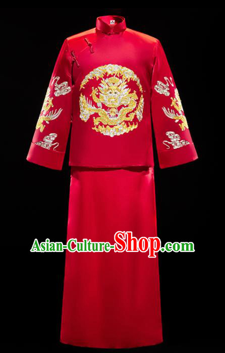 Chinese Traditional Bridegroom Wedding Embroidered Dragon Xiuhe Suits Costumes Tang Suit Wine Red Mandarin Jacket and Long Gown for Men