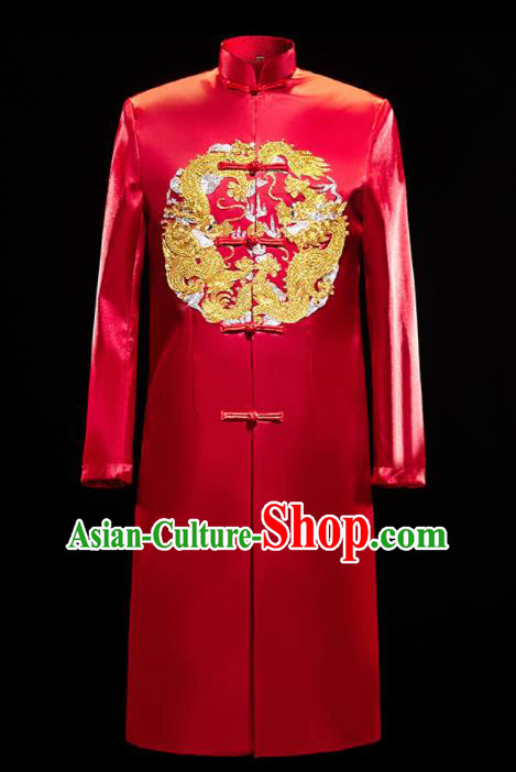 Chinese Traditional Bridegroom Wedding Embroidered Dragon Costumes Tang Suit Red Mandarin Jacket for Men