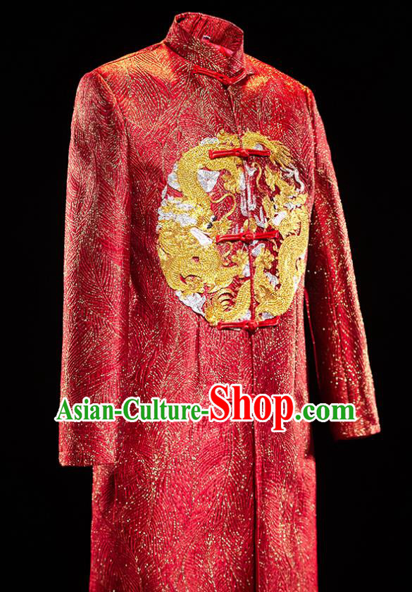 Chinese Traditional Bridegroom Wedding Embroidered Dragon Costumes Tang Suit Purplish Red Mandarin Jacket for Men