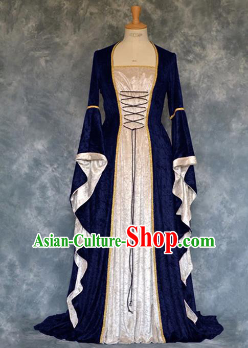 Traditional Europe Renaissance Court Deep Blue Velvet Dress European Drama Stage Performance Halloween Cosplay Costume for Women