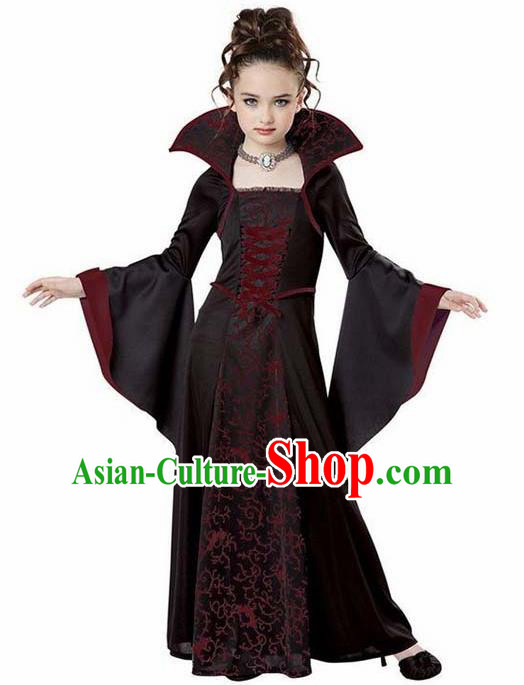 Traditional Europe Renaissance Wine Red Dress Stage Performance Halloween Cosplay Witch Costume for Kids