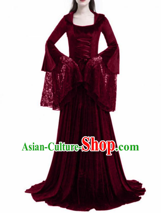 Traditional Europe Renaissance Wine Red Lace Dress Stage Performance Halloween Cosplay Princess Costume for Women