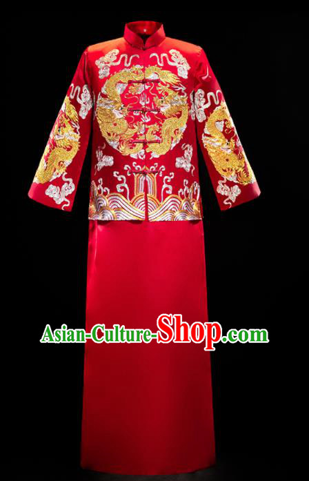 Chinese Traditional Tang Suit Red Mandarin Jacket and Gown Ancient Bridegroom Wedding Embroidered Costumes for Men