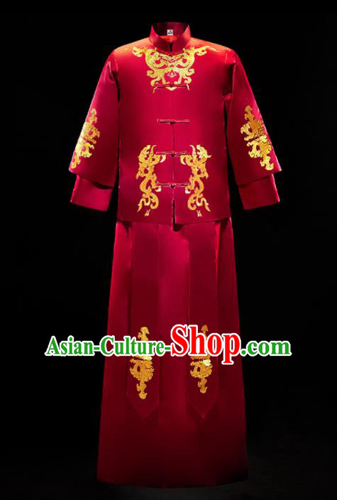 Chinese Traditional Tang Suit Dark Red Mandarin Jacket and Gown Ancient Bridegroom Wedding Embroidered Costumes for Men