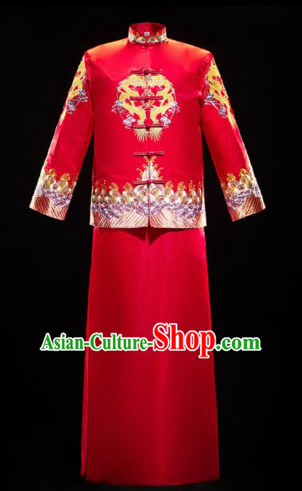 Chinese Traditional Embroidered Tang Suit Red Mandarin Jacket and Gown Ancient Bridegroom Wedding Costumes for Men