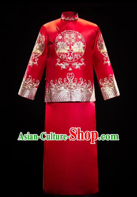 Chinese Traditional Embroidered Wedding Tang Suit Red Mandarin Jacket and Gown Ancient Bridegroom Costumes for Men