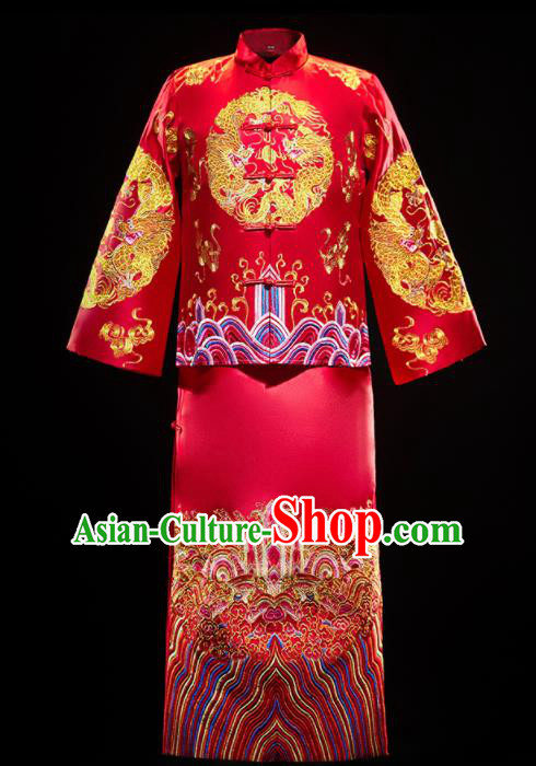 Chinese Traditional Embroidered Dragon Wedding Red Mandarin Jacket and Gown Ancient Bridegroom Tang Suit Costumes for Men