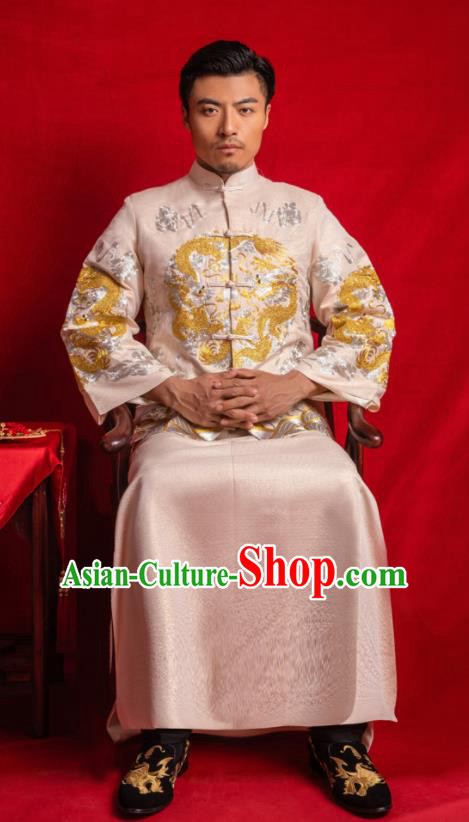 Chinese Traditional Embroidered Wedding Champagne Mandarin Jacket and Gown Ancient Bridegroom Tang Suit Costumes for Men