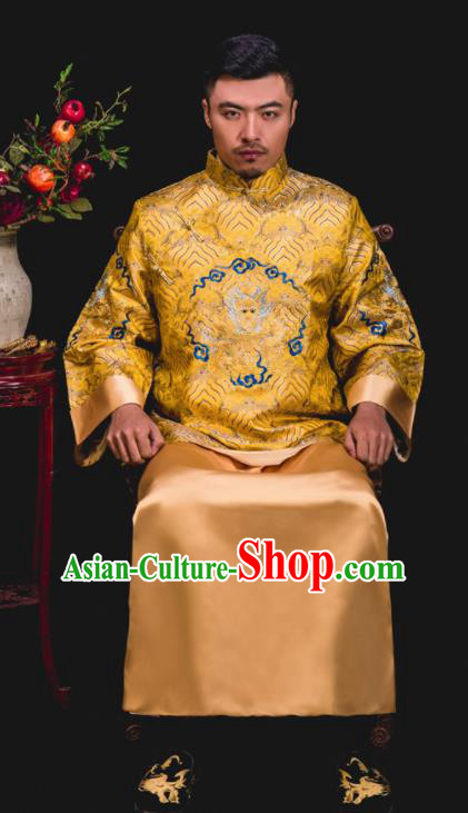 Chinese Traditional Wedding Embroidered Golden Mandarin Jacket and Gown Ancient Bridegroom Tang Suit Costumes for Men