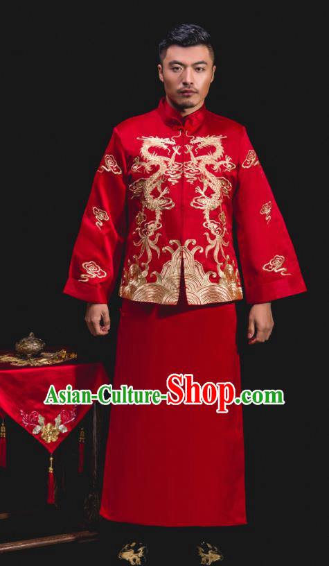 Chinese Traditional Wedding Embroidered Red Mandarin Jacket and Gown Ancient Bridegroom Tang Suit Costumes for Men