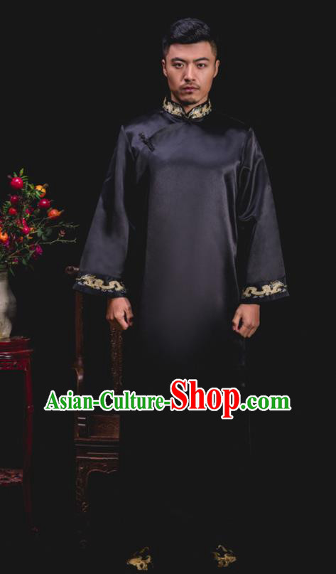 Chinese Traditional Wedding Embroidered Black Gown Ancient Groomsman Tang Suit Costumes for Men