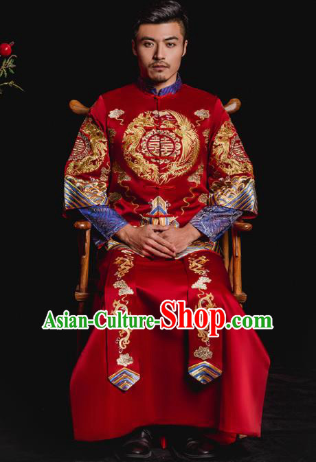 Chinese Traditional Wedding Embroidered Dragons Phoenix Red Mandarin Jacket and Gown Ancient Bridegroom Tang Suit Costumes for Men