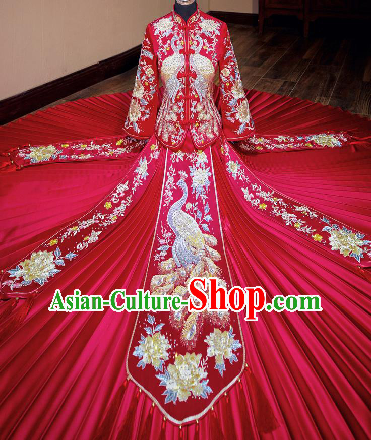 Chinese Traditional Wedding Toast Xiuhe Suit Ancient Bride Embroidered Peacock Full Dress for Women