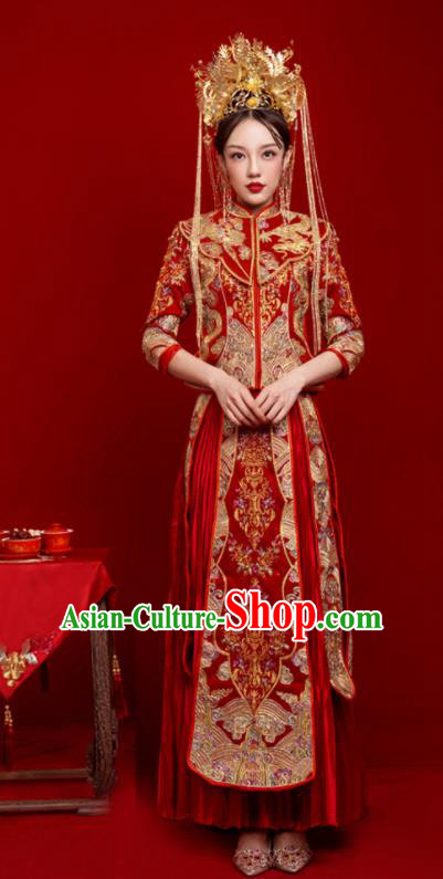 Chinese Traditional Wedding Toast Red Xiuhe Suit Ancient Bride Embroidered Full Dress for Women