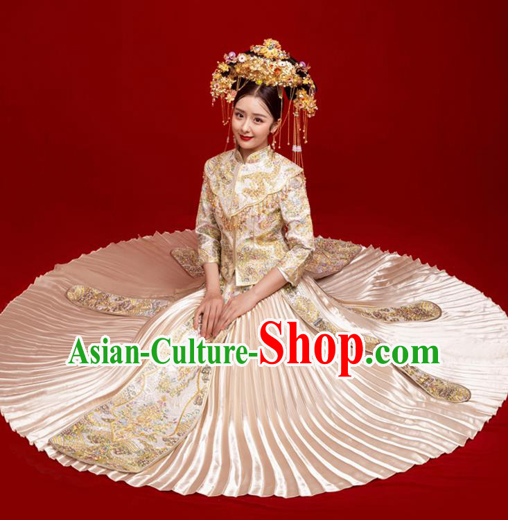 Chinese Traditional Wedding Toast White Xiuhe Suit Ancient Bride Embroidered Full Dress for Women
