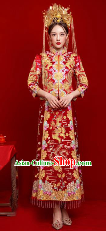 Chinese Traditional Wedding Toast Dragon Phoenix Xiuhe Suit Ancient Bride Embroidered Full Dress for Women