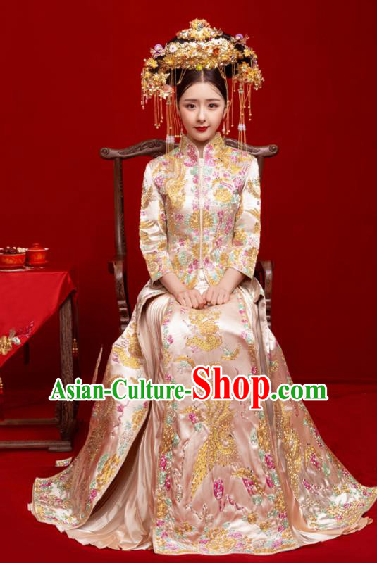 Chinese Traditional Wedding Toast Champagne Xiuhe Suit Ancient Bride Embroidered Full Dress for Women