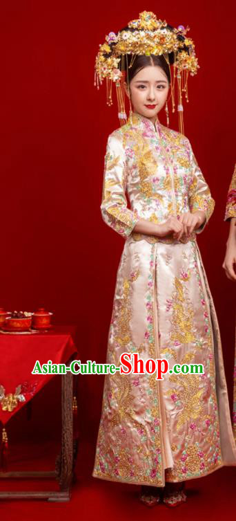 Chinese Traditional Wedding Toast Champagne Xiuhe Suit Ancient Bride Embroidered Full Dress for Women