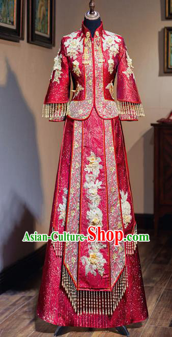 Chinese Traditional Wedding Toast Red Xiuhe Suit Ancient Bride Embroidered Full Dress for Women