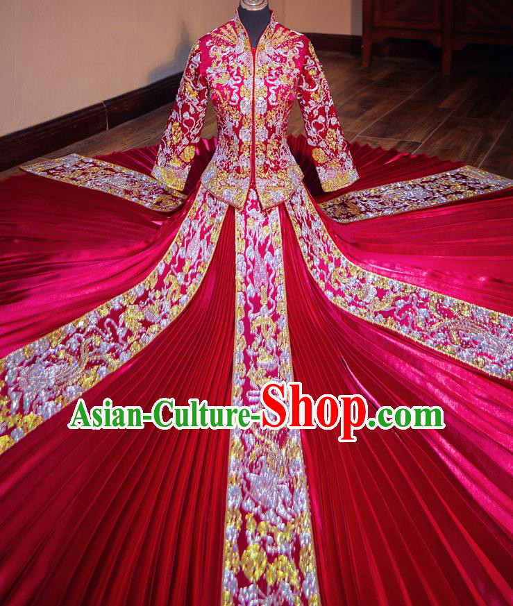 Chinese Traditional Wedding Costumes Toast Red Xiuhe Suit Ancient Bride Embroidered Full Dress for Women