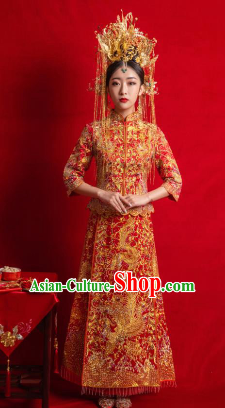 Chinese Traditional Wedding Costumes Toast Phoenix Xiuhe Suit Ancient Bride Embroidered Full Dress for Women