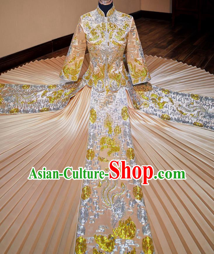 Chinese Traditional Wedding Costumes Toast Champagne Xiuhe Suit Ancient Bride Embroidered Full Dress for Women