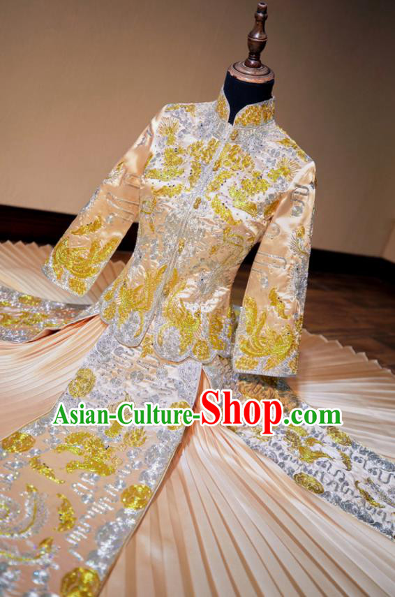 Chinese Traditional Wedding Costumes Toast Champagne Xiuhe Suit Ancient Bride Embroidered Full Dress for Women