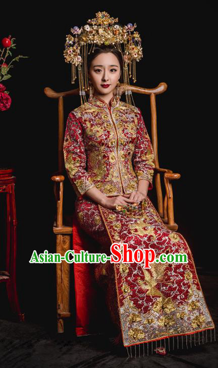 Chinese Traditional Wedding Costumes Embroidered Phoenix Toast Xiuhe Suit Ancient Bride Full Dress for Women