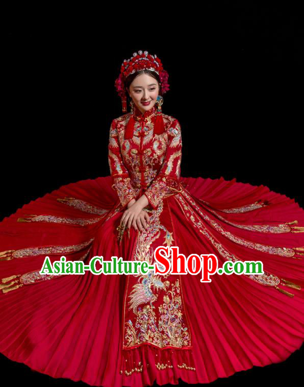 Chinese Traditional Wedding Toast Costumes Embroidered Xiuhe Suit Ancient Bride Full Dress for Women