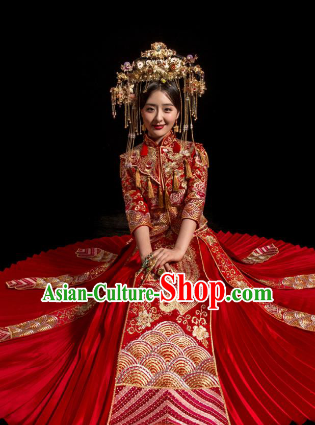 Chinese Traditional Wedding Toast Costumes Embroidered Phoenix Xiuhe Suit Ancient Bride Full Dress for Women